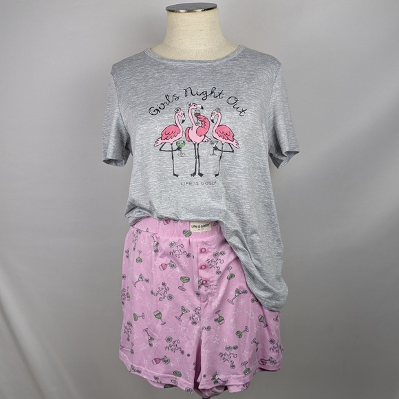 Life Is Good Flamingo Girls Night Out PJ Set Short Sleeve Shorts Pink Grey M NWT - Picture 9 of 13